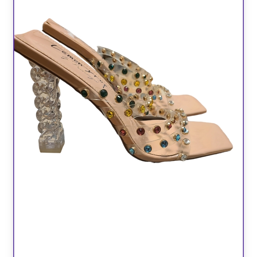 Lemon drop by privileged clear strap stone heels